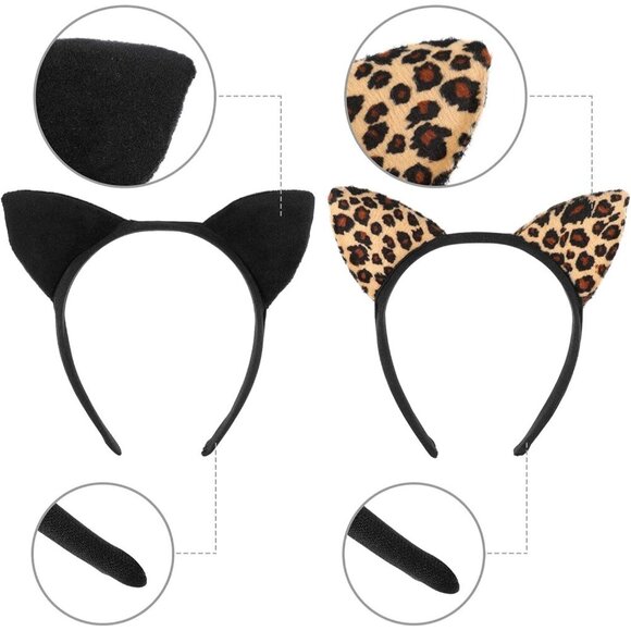 Cat Ears Headband & Masquerade Mask Set Plush Leopard Print Costume Accessory